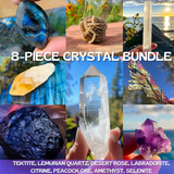 A collage of eight different crystals and stones, each held by a person against a natural background. The crystals include Tektite, Lemurian Quartz, Desert Rose, Peacock Ore 'Wing', Labradorite, Amethyst Fairy Cluster, Citrine, and Selenite 'Cleansing' Stick.