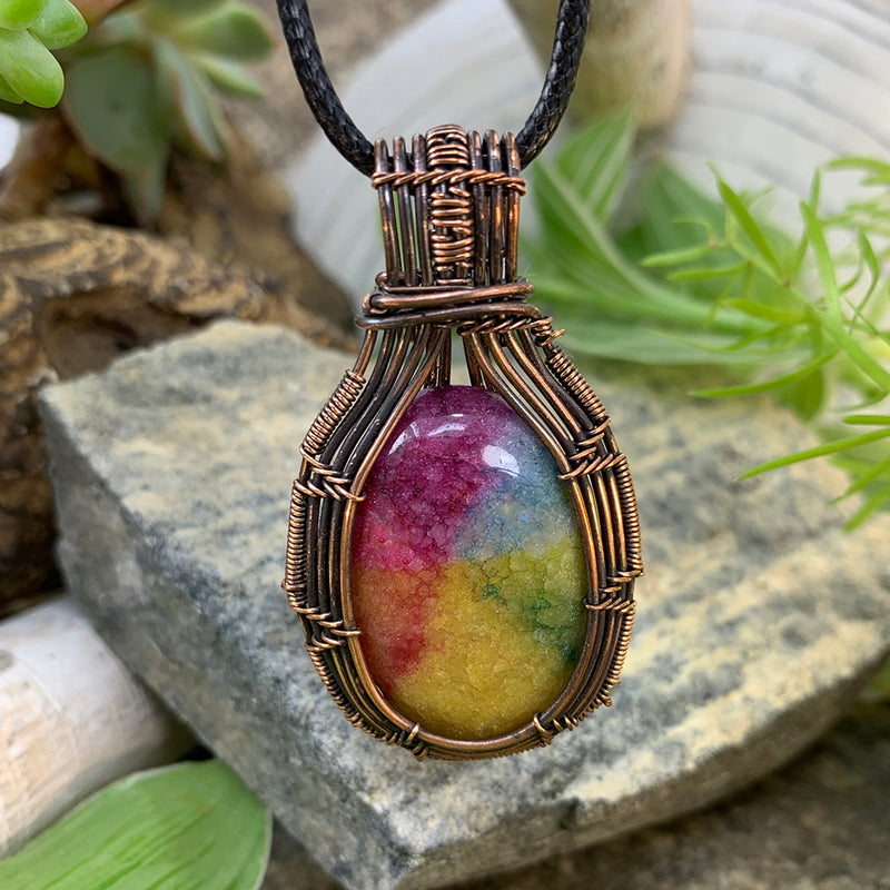 Κολιέ με κρεμαστό σύρμα χαλκού Rainbow Agate