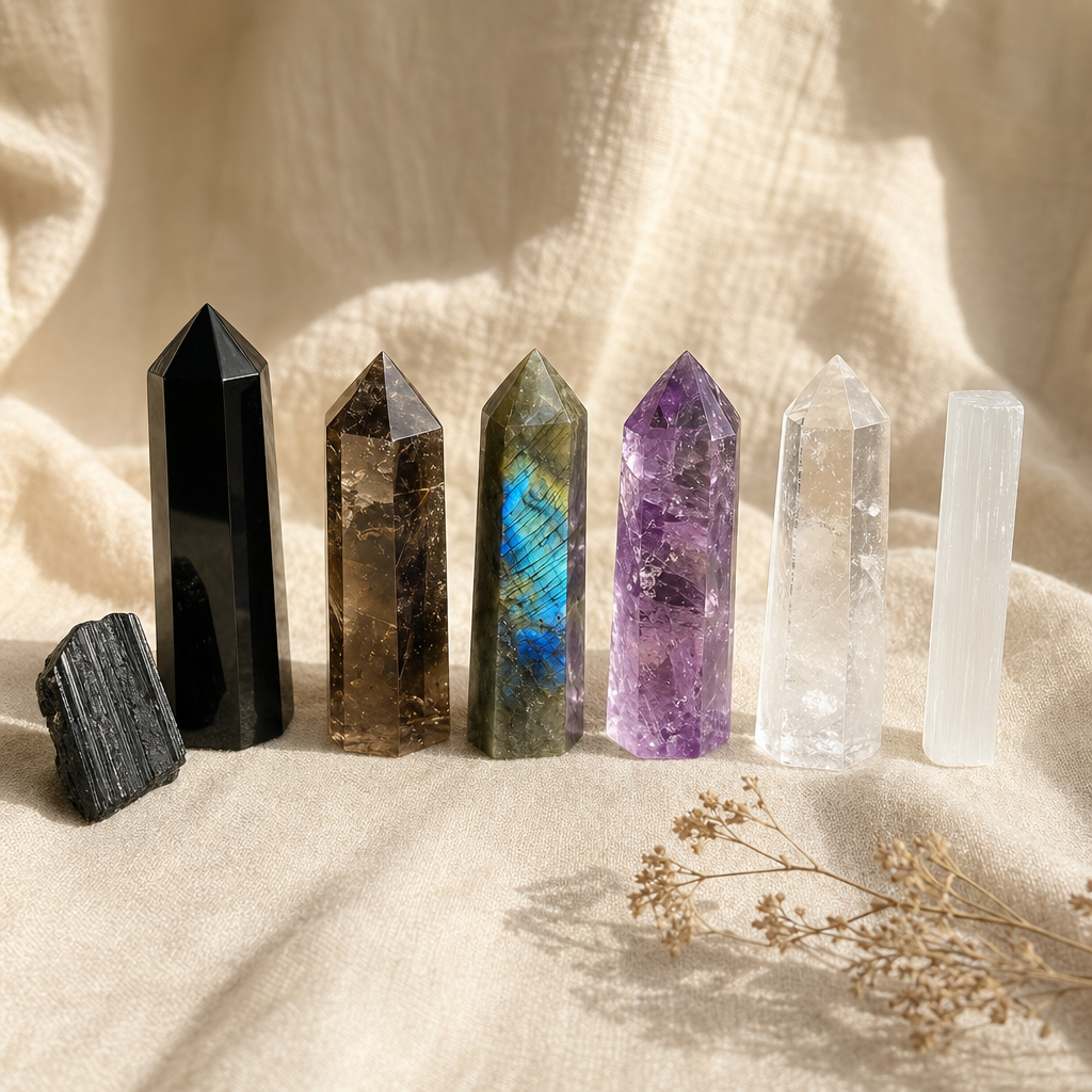 Aura Shield Crystal Set: seven same-scale protection, clarity, and calm-confidence crystals arranged together on cream linen.