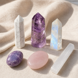 Calm Mind Crystal Set: six themed Spirit Magicka crystals arranged together on cream linen.