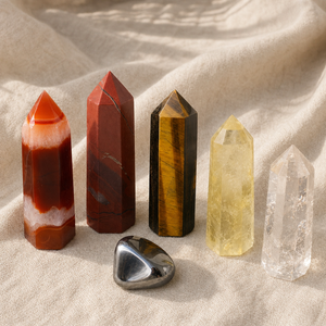 Creative Fire Crystal Set: six themed Spirit Magicka crystals arranged together on cream linen.