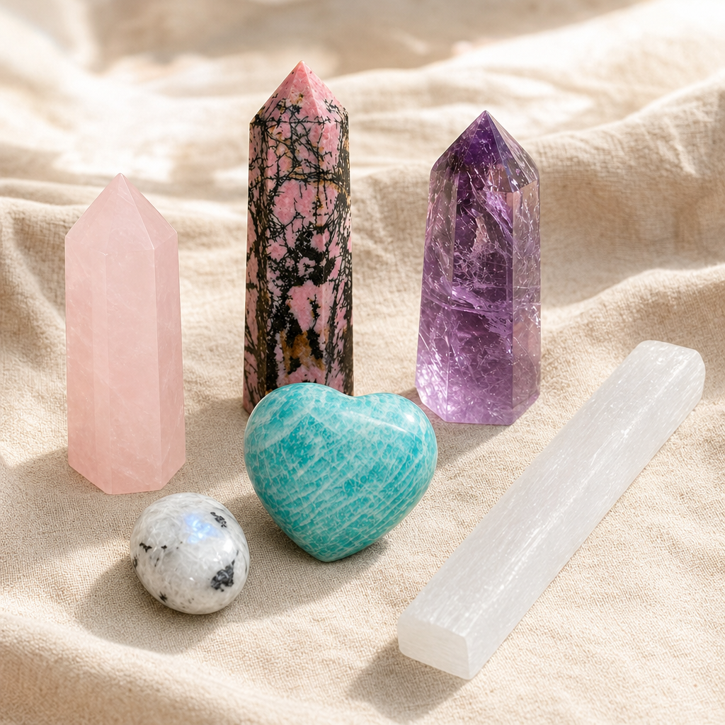 Heart Harmony Crystal Set: six themed Spirit Magicka crystals arranged together on cream linen.