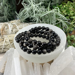 Mala Silver Obsidian armband með flauelspoki