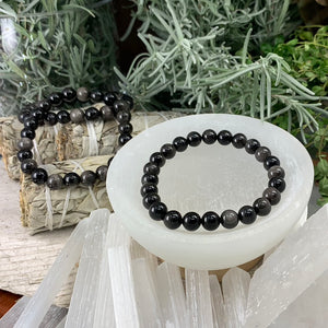 Mala Silver Obsidian armband með flauelspoki