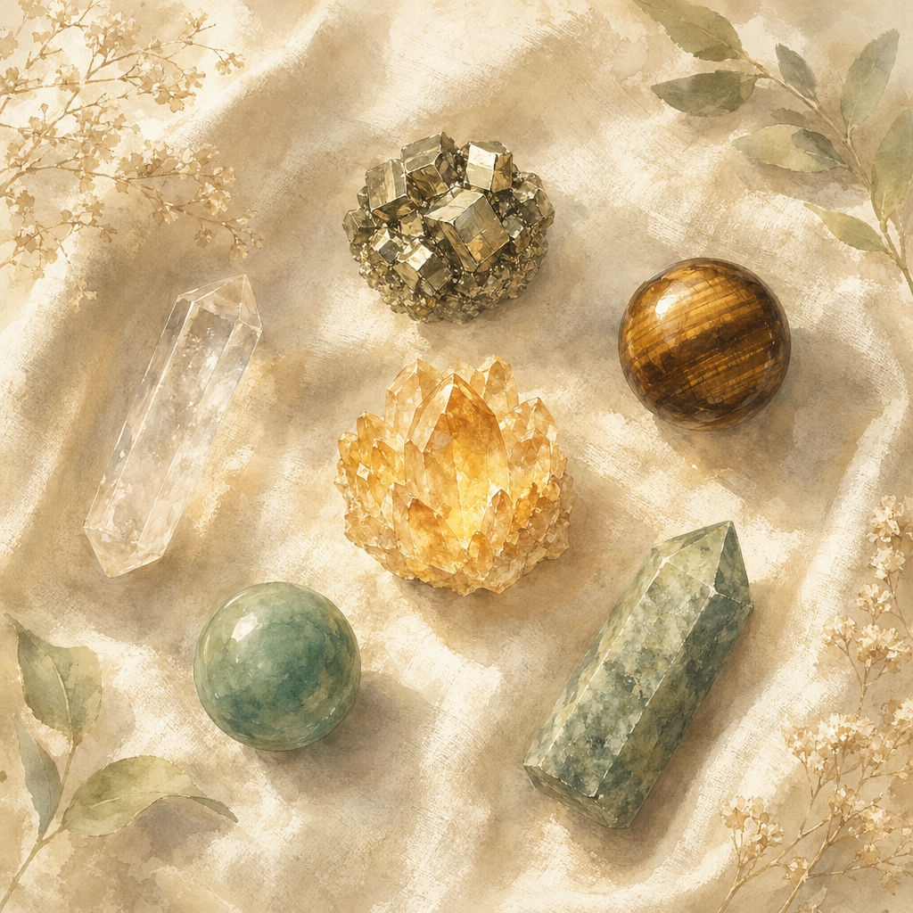 Six abundance crystals arranged in a soft ring on cream linen.