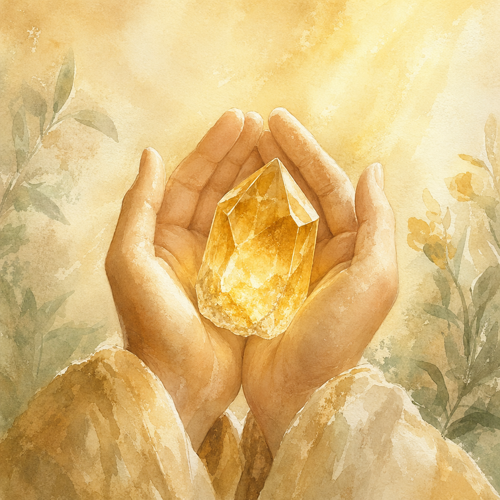 Hands cradling a glowing citrine crystal.