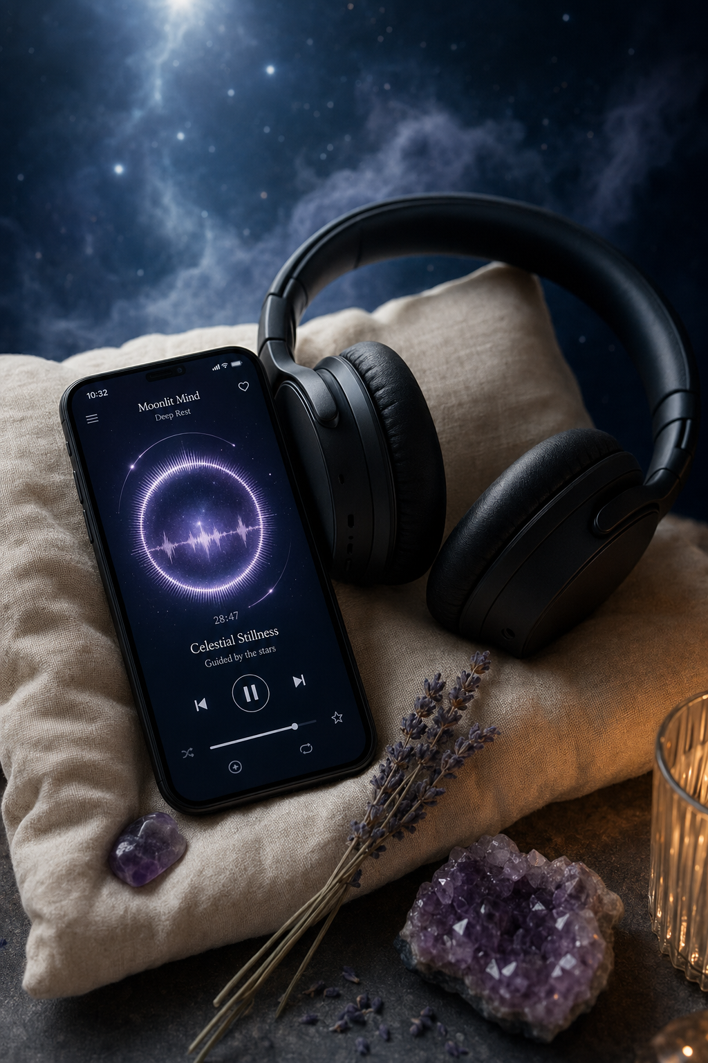 Phone displaying a glowing audio waveform next to headphones on a linen pillow.