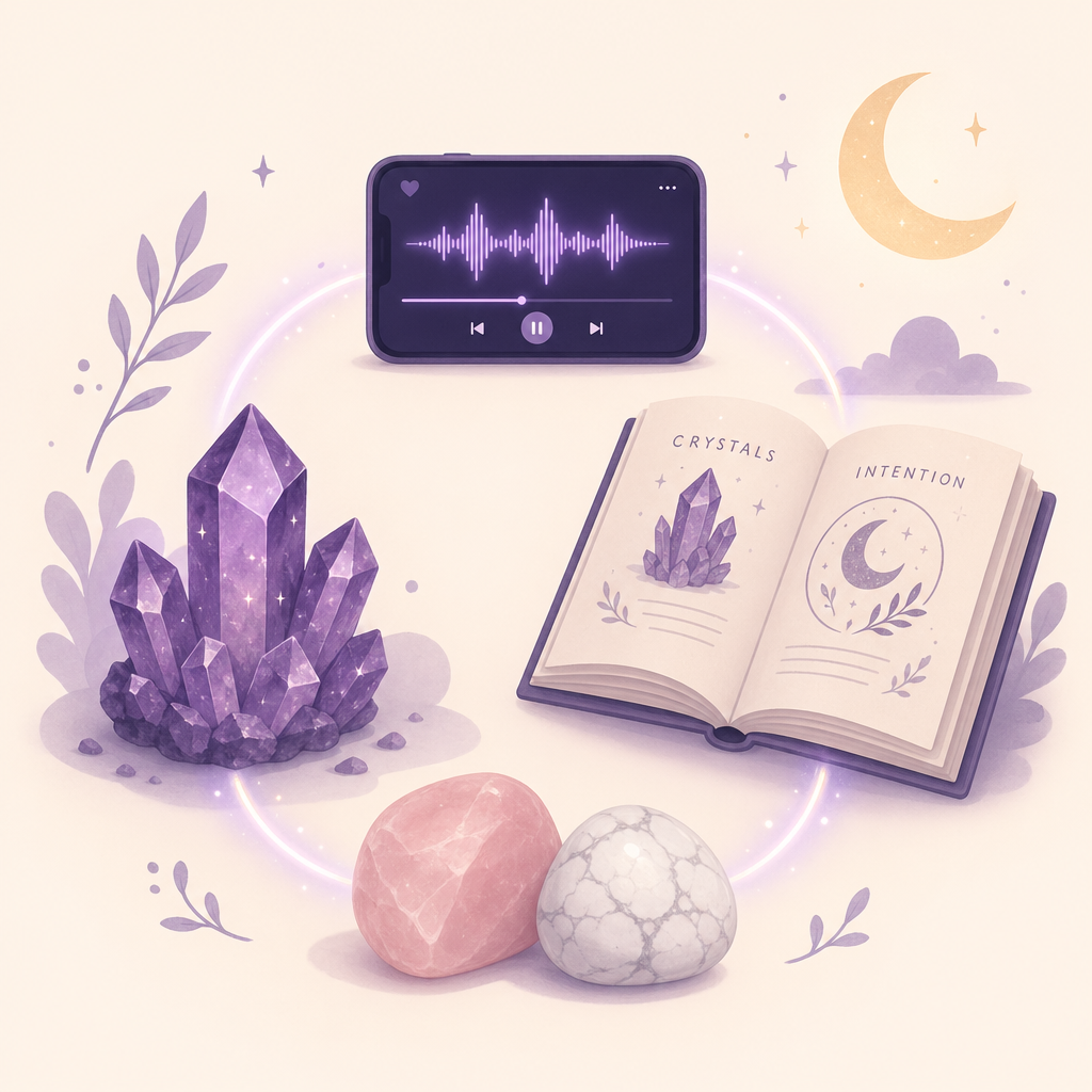 Crystals, headphones, and an open book connected in a soft glowing circle &mdash; the three-part Spiritual Sleep ritual.