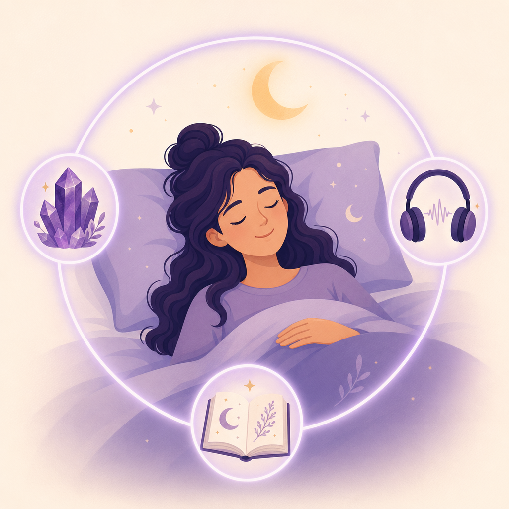 A full evening ritual connects three cues &mdash; crystals, meditation audio, and a companion book &mdash; around a peaceful sleeper.