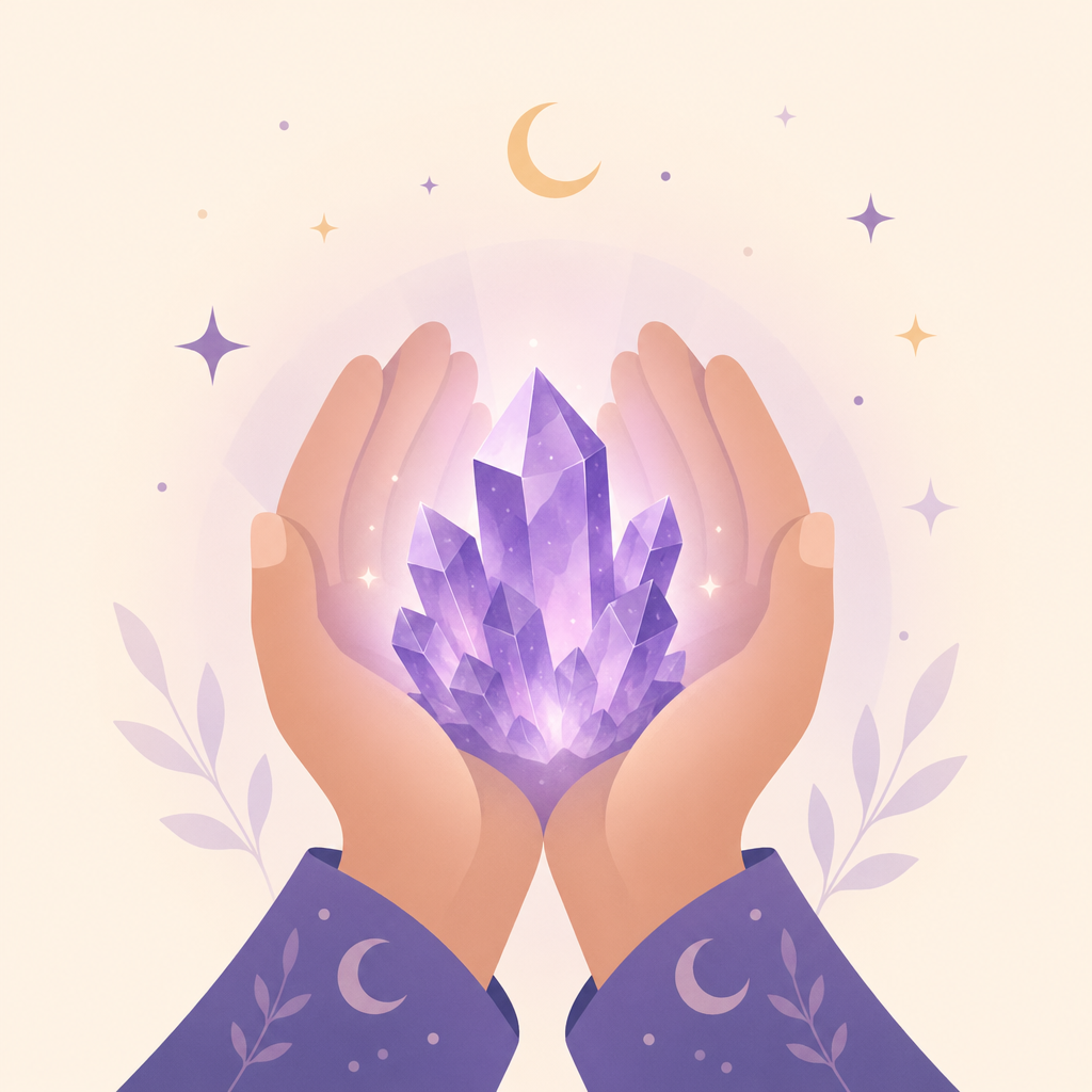 Hands cradling an amethyst crystal.