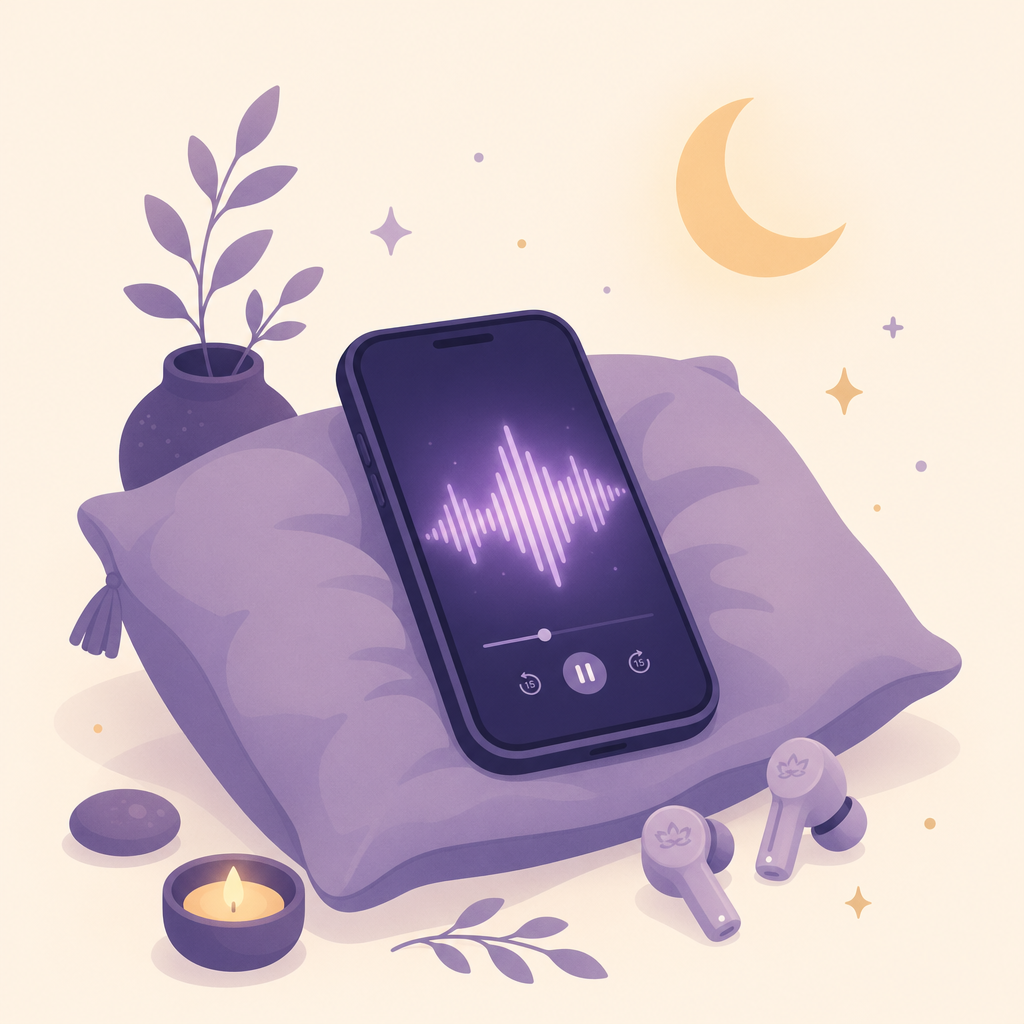 Phone on a pillow with audio waveform and earbuds.