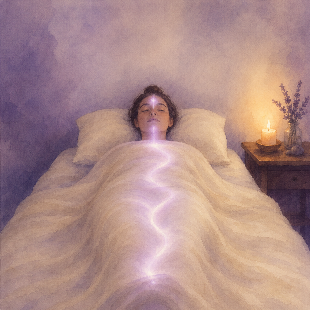 A peaceful figure under a cream blanket with violet light tracing the body.