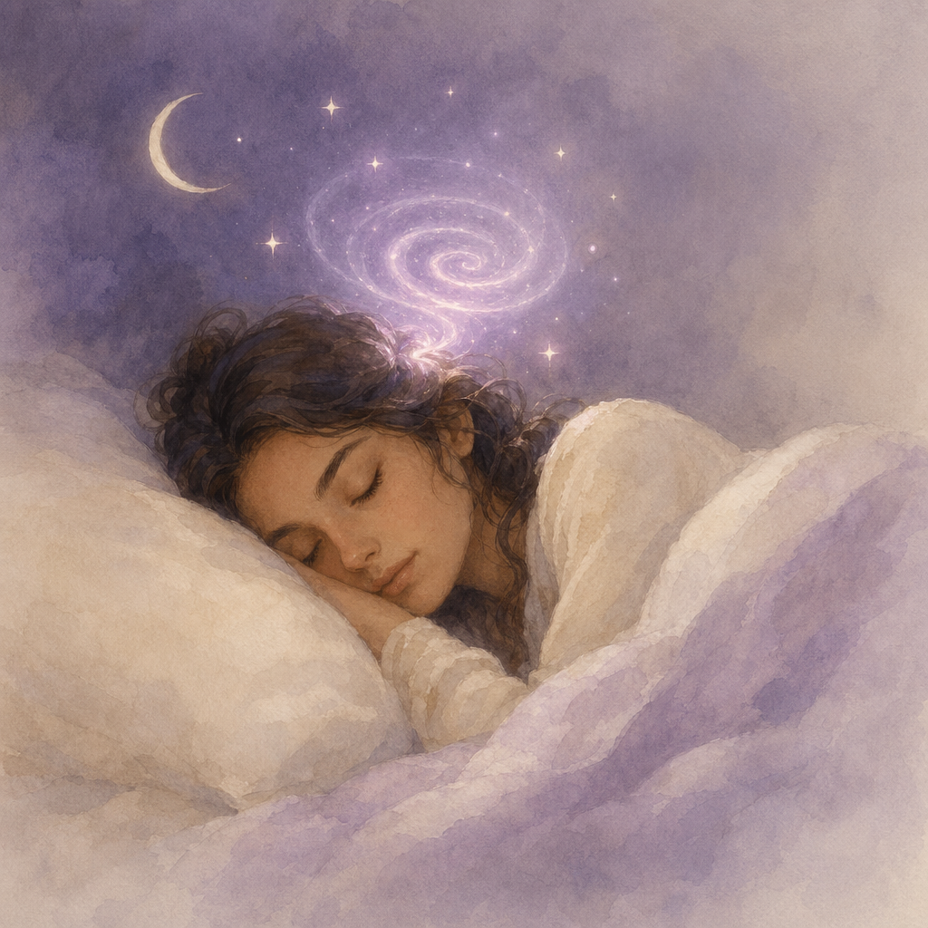 A sleeping figure with a soft glowing spiral of pale violet light at the temple.